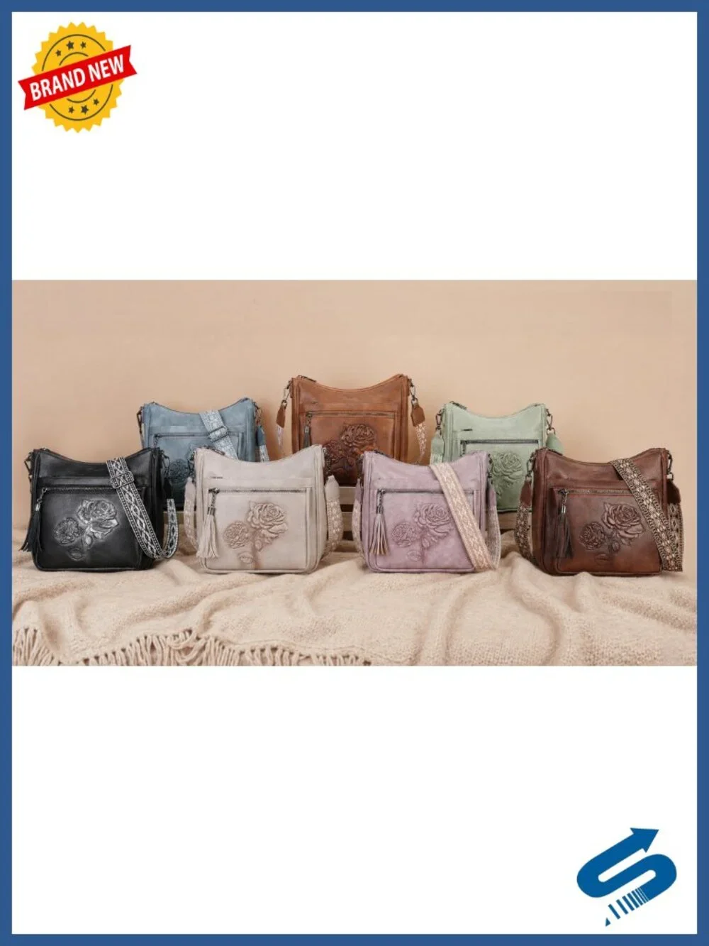 Vegan Leather Hobo Crossbody Bag with Embossed Floral Pattern